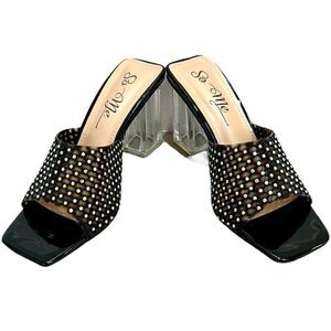 So me rhinestone black netted mule heels with clear chunky block heel sz 7 NWT